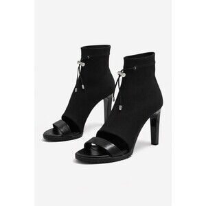 DKNY Black Sock Bootie Heeled Sandals Open Toe Stretch Ankle 7.5